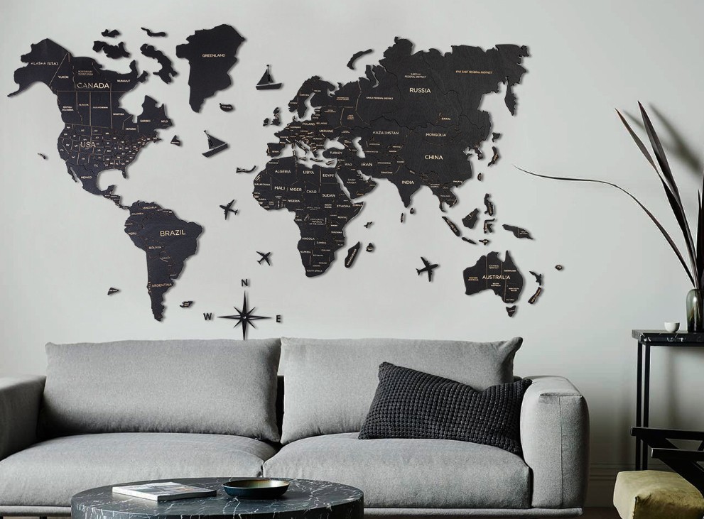 дрвени зид карта света боја црна
