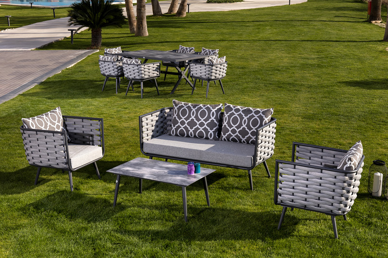 Луксузна гарнитура за седење за башту или терасу са висококвалитетном алуминијумском конструкцијом у елегантној сивој боји