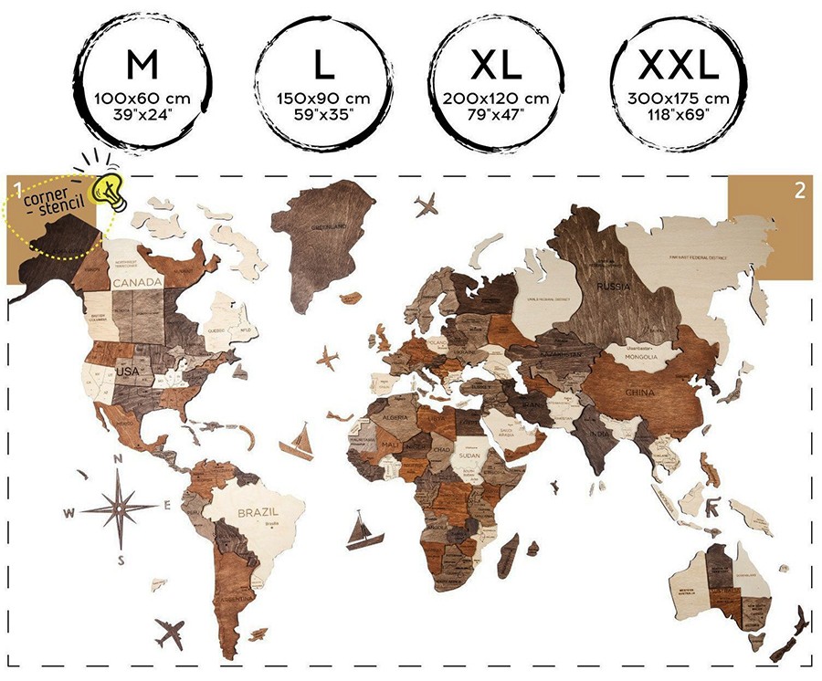 3Д дрвена слика мапе света величине КСКСЛ