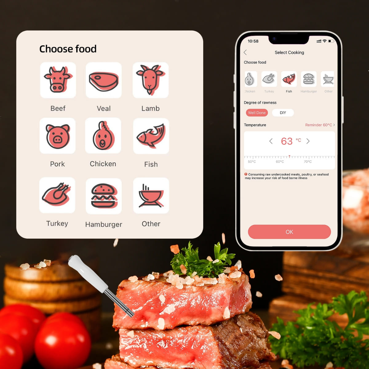 Термометар за печење меса - блуетоотх подршка до 100м (мобилна апликација)