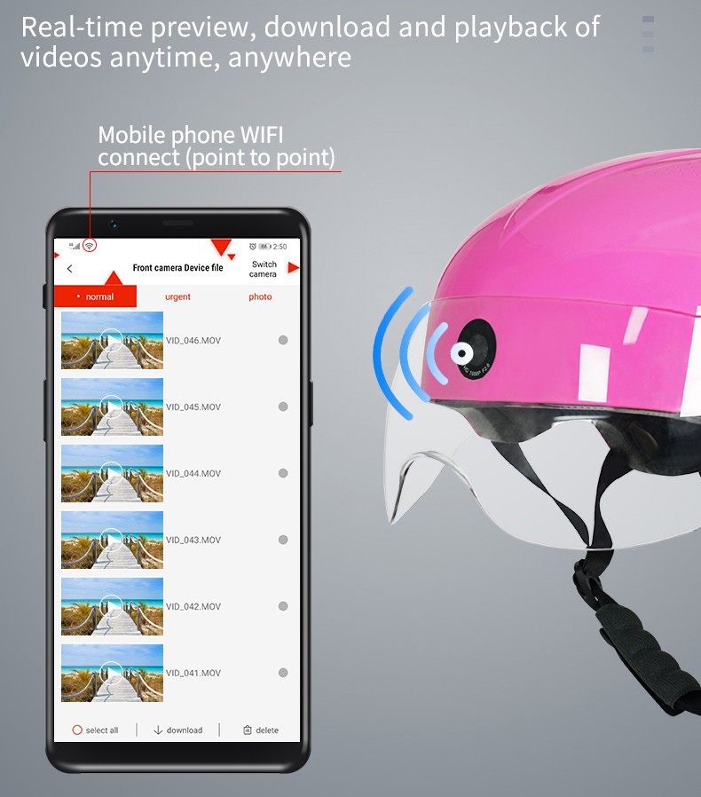 Мотоциклистичка кацига камера Ви-Фи веза преко апликације паметног телефона